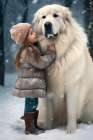 Little girl and great Pyrenees dog in snow. AI Generated. Art Print